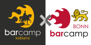 Das Logo des Barcamp Koblenz neben dem von Bonn, dazwischen ein großes X.