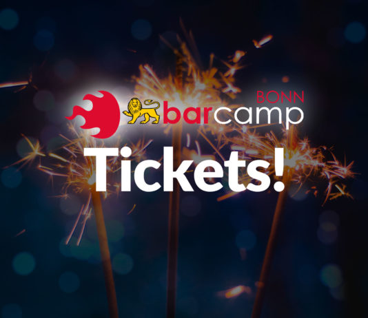 Das Logo von BarCamp Bonn und darunter das Wort "Tickets!" vor dem Hintergrund von drei funkelnden Wunderkerzen.