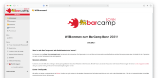 Screenshot einer ersten Installation des BarCamp Bonn 2021. Viel weiß, links eine hellgraue Seitenleiste, zwei Mal ein großes Logo.