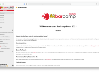 Screenshot einer ersten Installation des BarCamp Bonn 2021. Viel weiß, links eine hellgraue Seitenleiste, zwei Mal ein großes Logo.
