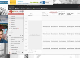Screenshot vom öffentlichen Test. Johannes und Sascha führen die Location vor. Man sieht einen leeren Sessionplan.